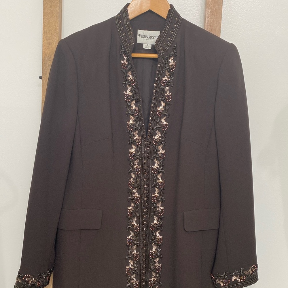 John Meyer Size 10 Chocolate Brown Pantsuit. Beaded Long Maxi Evening Coat Suit.